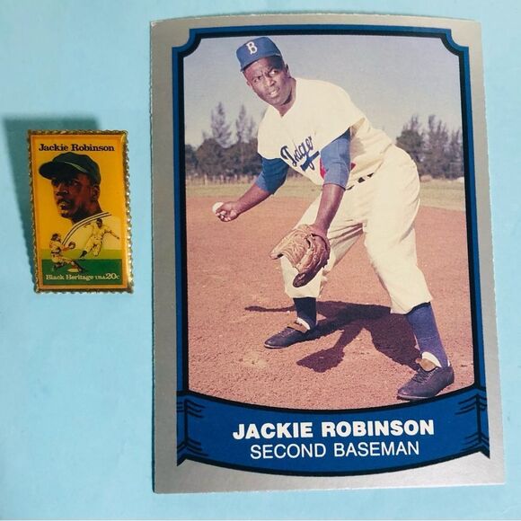 1982 USPS Jackie Robinson McD's African American Heritage Stamp Pin & '88 Card - Picture 1 of 5